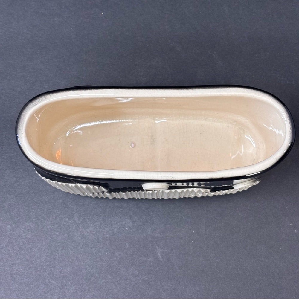 Art Deco Pottery Planter Vase Gloss Black White Royal Copley 7.25” long - Picture 5 of 9